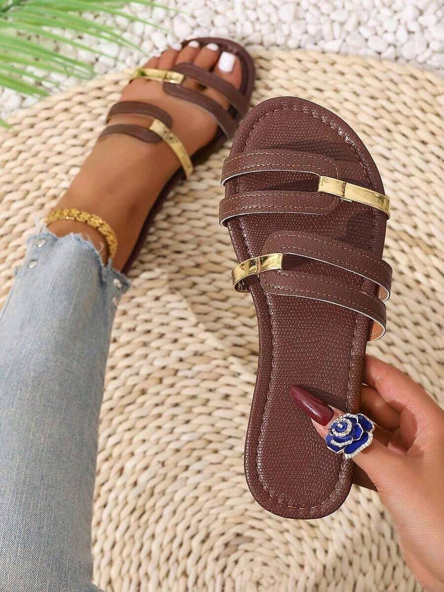 Breezelady Women's Stylish Metal - Accent Multi - Strap Slide Sandals, Open Toe, Flat Heel, Chic Style, Brown, Faux Leather Material, Summer Daily & Party Shoes - 棕色 - 查看 1