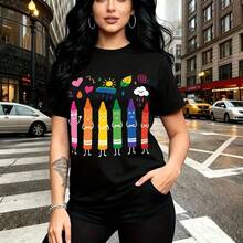 Camiseta de mujer con estampado de seis crayones antropomórficos en colores del arcoíris con caras expresivas y símbolos whimsical como corazones, sol y nubes - camiseta casual de manga corta con ajuste cómodo y fresco, estilo urbano divertido y aleg - Negro - Ver 8