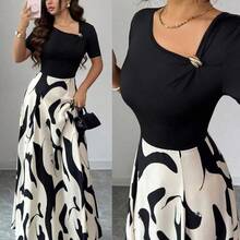 WNS  Elenzya Vestido de línea A con cintura ceñida, cuello en V, con patrón abstracto en blanco y negro y decoración de hebilla de metal, elegante para uso diario, vacaciones, viajes, San Valentín, citas, ropa de calle, fiestas, principios de primavera/primavera-verano - Marrón - Ver 9