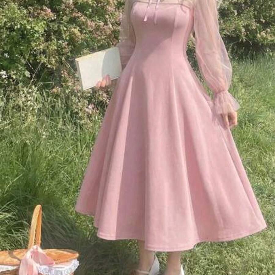 WNS MOD Vestido de cuello alto negro con mangas acampanadas de malla de contraste y cuello de corbata - Rosa - Ver 1