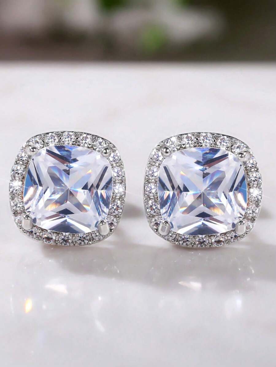 1 paire de boucles d'oreilles clous en zirconium cubique élégantes, convenant aux femmes, idéales pour les mariages, les fiançailles, les anniversaires, les fêtes, la Saint-Valentin et d'autres occasions - Argent + blanc - Voir 1