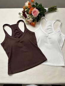 2pcs/Set Atasan Tank Camisole Musim Panas Wanita, Slim Fit, Warna Polos, Gaya Dasar dengan Cup Berbantalan, Pakaian Dalam Tank - MultiWarna - View 2