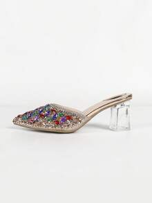 Women's Fashion High Heel Shoes, Popular In Middle East And Europe, Stylish Pointed Toe Closed Toe Dress High Heels, 7-Color Crystal Decor, Transparent Crystal Heel Sandals, Elegant And Sexy High Heels For Celebrities, Comfortable Slip-On High Heel Sandals, Suitable For Party, Wedding, Outing, Valentine's Day, Elegant, Mule - Champagne - View 7