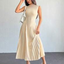 WNS  PETITE Vestido ajustado de línea A con pliegues elegante para mujer - Caqui - Ver 6