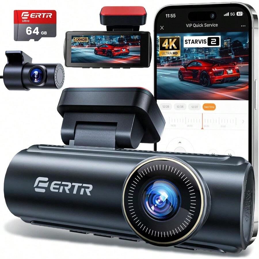 4K Dash Cam Front And Rear, 5GHz WiFi Wireless Dashcam With 64GB SD Card,4K+1080 - bawaan - View 1