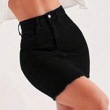 Falda vaquera negra casual de cintura alta con flecos - Negro01 - Ver 6
