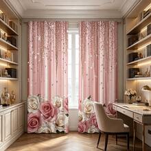 2pcs/Set Shiny Pink Rose Pattern Printed Curtains, With Rod, Privacy Protection, Easy Installation, Suitable For Living Room, Kitchen, Cafe, Restaurant, Balcony, All Seasons, Decorative Curtains - Multicolor - View 2