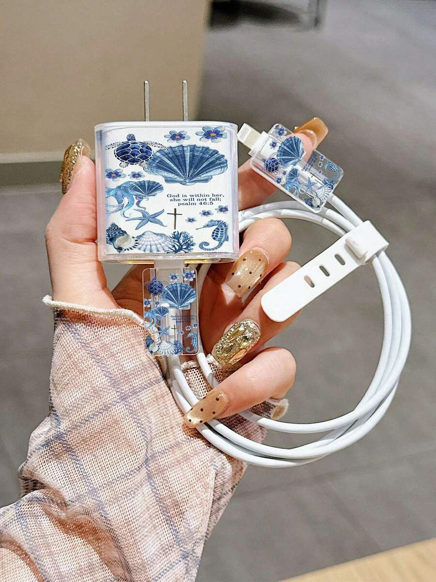 Ocean Turtle Shell Pattern Data Cable Charger Protector Sleeve Data Cable Storage Label Anti-Mistake - High Quality, Suitable For IPhone 17 16 15 14 13 12 11 Phones 20W Charging Adapter - Multicolor - View 1