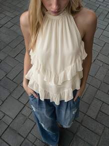 Buzzelle Women's Solid Color Ruffle Neck Versatile Casual Top For Dating & Outings Summer - Apricot - View 1