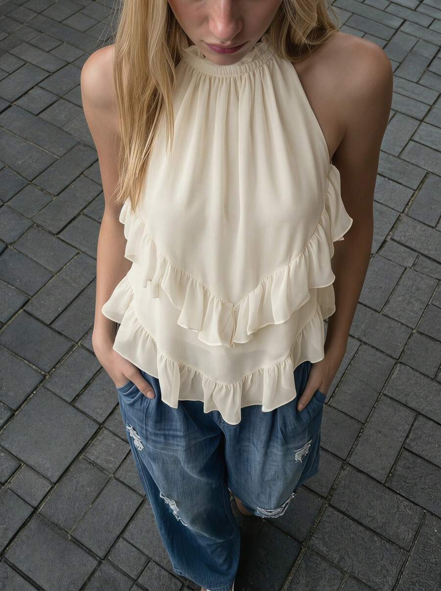 Buzzelle Women's Solid Color Ruffle Neck Versatile Casual Top For Dating & Outings Summer - Apricot - View 1
