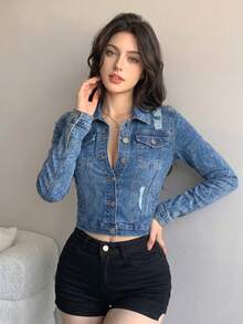 Slim Denim Jacket With Premium Distressed Details,  Urban Style. - Medium Blue 3NZY06 - View 3