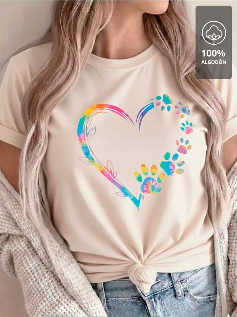100% Multicolor T-Shirt With Paw And Heart Design - Light Beige - View 1