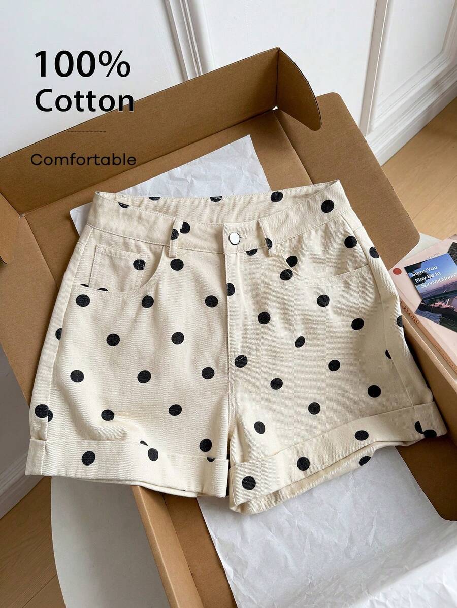 Pantalones cortos casuales de mujer con estampado de lunares, verano - Albaricoque - Ver 1