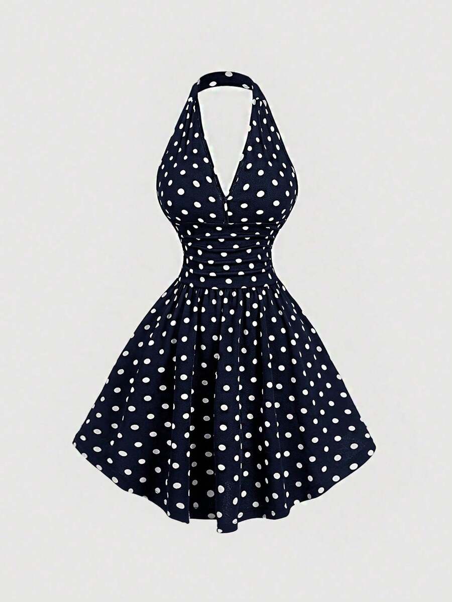 MOD Vestido de mujer con cuello halter, cintura fruncida y estampado de cerezas - Azul marino - Ver 1