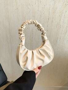 Mini Solid Color Pleated Handbag, Women Solid Color Cloud & Crescent Shaped Bag - Beige - View 1
