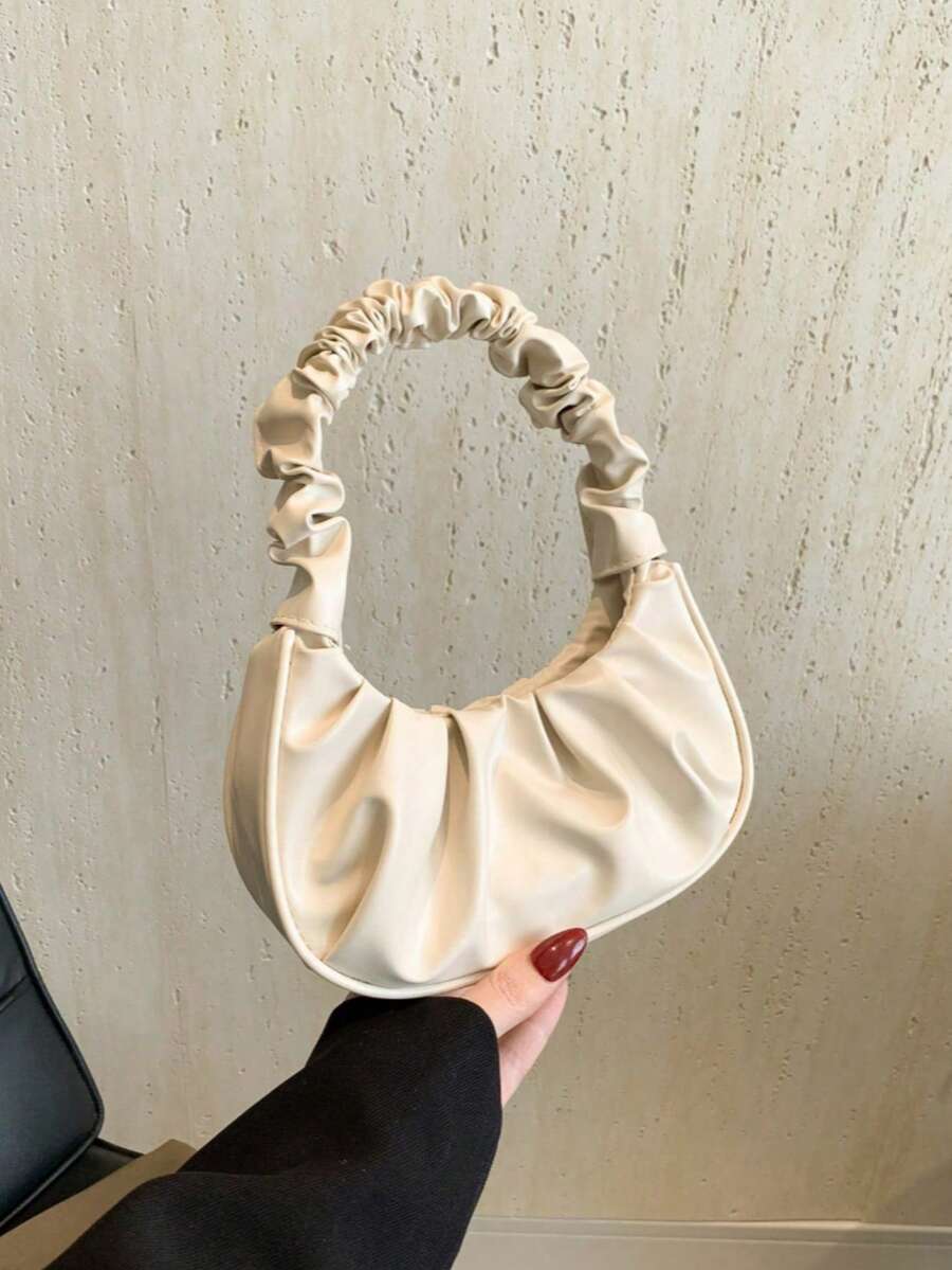 Mini Solid Color Pleated Handbag, Women Solid Color Cloud & Crescent Shaped Bag - Beige - View 1