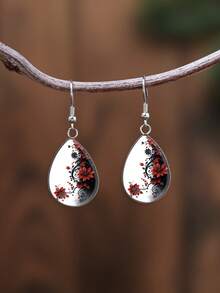 1 Pair Vintage Dark Ink Red Floral Pattern With 316 Stainless Steel Water Drop Earrings, Retro Minimalist Style Suitable For Women's Daily Wear And Gifts, Elegant Simple Design Jewelry Earrings Suitable For Women's Daily And Holiday Wear - Black and White - View 2