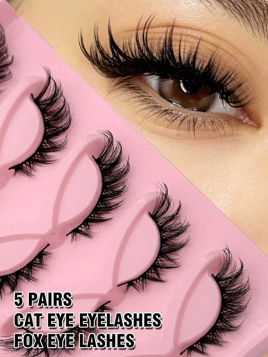 Asiteo Cat Eye Eyelashes 5 Pairs Fox Eye Lashes Faux Mink Lashes Fluffy Strip False Lashes,Corner Lashes Natural Look Eyelashes Lash Extension Makeup Strip Lashes,Lashes,Eyelashes,Fake Lashes,Make Up Tools - 黑色 - 查看 1