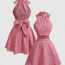 WNS  MOD Vestido mini con tirantes cruzados y fruncidos en estampado de cuadros rojos y blancos para mujer - Rojo y blanco - Ver 6