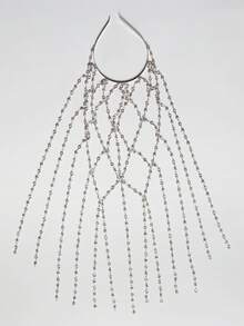 1pc Elegant Hollow Pearl Hair Hoop Chain, Women's Fashion Sparkling Rhinestone Tassel Hair Accessory For Daily Wear And Party - Silver - View 2