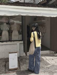 1pc Solid Color Knit Fabric Front Button Cardigan, Lightweight For Spring & Summer Daily Wear - Yellow - View 4