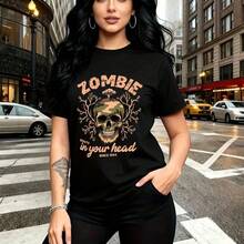 Camiseta de mujer con estampado gráfico "ZOMBIE in your head SINCE 1994" con calavera camuflada y diseño gótico urbano - camiseta casual de cuello redondo, ajuste cómodo y estilo alternativo ideal para pasear por la ciudad, salir con amigos o como re - Negro - Ver 8