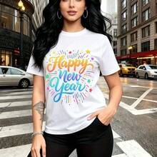 Camiseta de mujer con estampado "Happy New Year" en colores vibrantes y estrellas festivas - diseño casual de manga corta con ajuste cómodo y estilo urbano, ideal para celebraciones de Año Nuevo en México, salidas con amigas o regalos perfectos para - Blanco - Ver 9