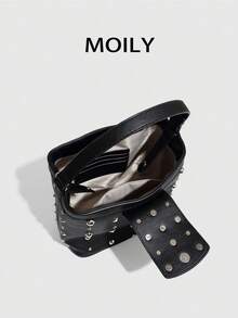 European And American Street Style One Shoulder Underarm Bucket Bag, Rivet Bag, Elegant Ladies Handbag - Black - View 4
