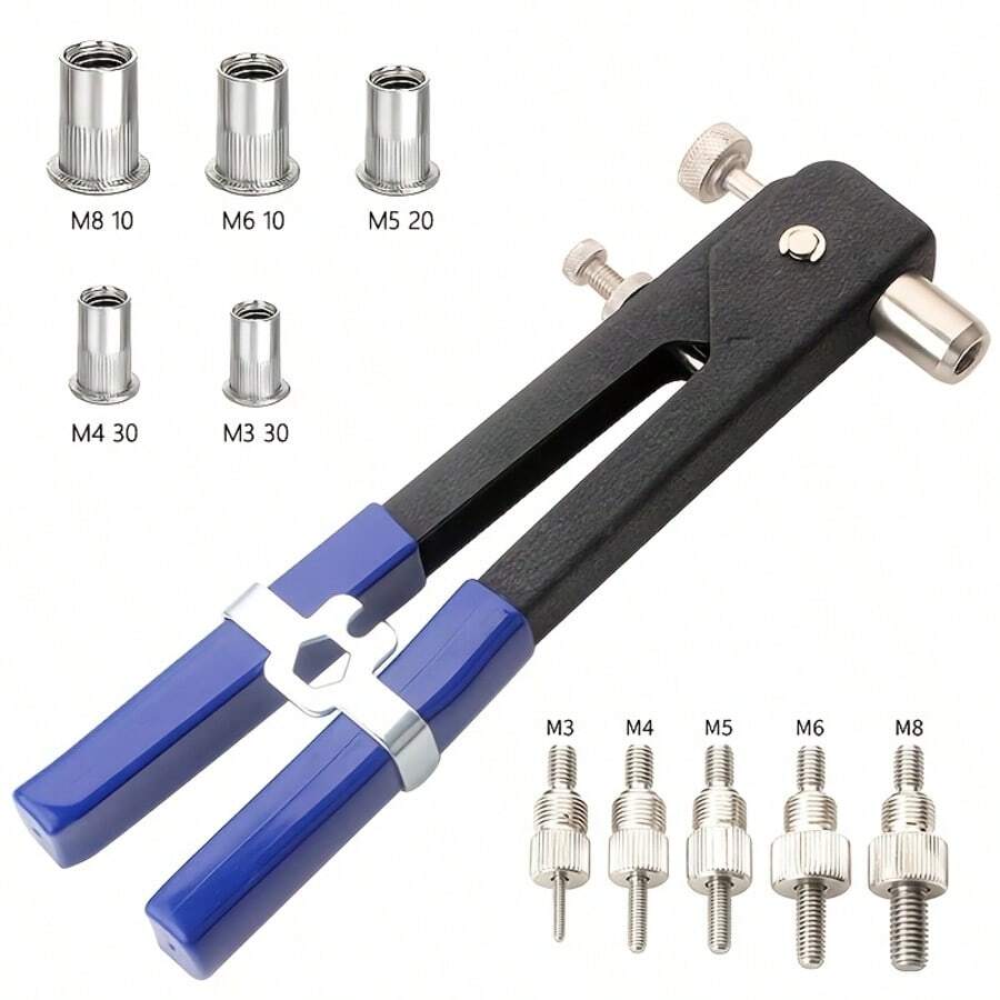 106件專業級鉚釘螺帽工具組,10英吋手動鉚釘槍,含90個M3-M8鉚釘螺帽;重型螺紋嵌件工具,附5個公制鉚釘頭,適用於汽車維修與DIY專案 - 106PCS拉鉚槍 - 查看 1