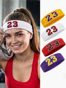 Unisex Terry Cloth Sports Headband And Wristband Set, With No.23 Design, Soft Elastic Sweatband For Basketball, Tennis, Fitness, Etc. - Red and White - View 2