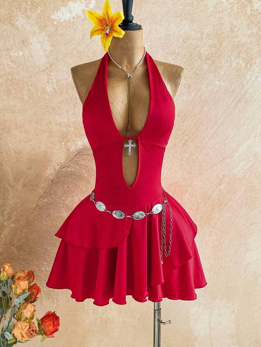 Vestido mini con escote en V, decoración cruzada, recorte hueco, cuello halter, espalda con lazo, tela texturizada y bajo asimétrico. Adecuado para fiesta, Navidad, cita, discoteca, playa, crucero, té de la tarde, estilo bohemio, vacaciones, otoño. Ropa de mujer vintage. KAGO - Rojo 2 - Ver 1