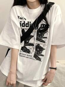 100% Cotton 200g Letter Print Loose Short Sleeve T-Shirt For Women (1 Count) - White - View 1