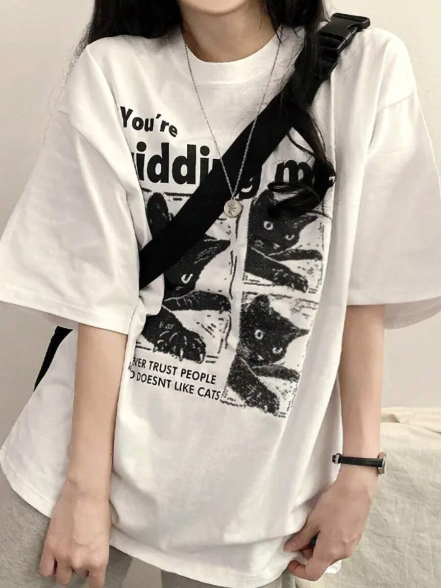 100% Cotton 200g Letter Print Loose Short Sleeve T-Shirt For Women (1 Count) - White - View 1