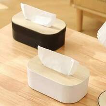 1pc Modern Bamboo Lid Tissue Box Holder - Durable Plastic, Square Dispenser With Wooden Top, Suitable For Bathroom, Vanity, Counter And Office Decor, Bathroom Vanity Accessory, Bathroom Decor And Accessories, Minimalist Design, Modern Decor - Multicolor - View 6