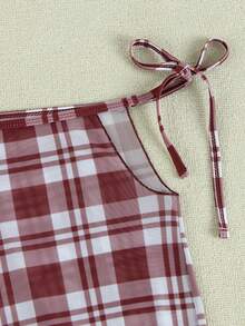 Set Bikini Halter Kotak-kotak Merah & Putih 3 Potong, Penutup Berbentuk Jaring Mengembang, Pakaian Renang Gaya Liburan Seksi - MultiWarna - View 8