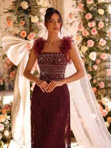 Modphy Gaun Pesta/Pernikahan Musim Gugur Model Baru Seksi dengan Bahu Terbuka, Dekorasi Rhinestone, Motif Bunga 3D Buatan Tangan, Gaun Panjang Pas Badan, Model Bandage - Rose Red - View 3