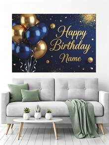 Painel Personalizável Azul e Dourado "Feliz Aniversário", com Balões Azuis e Dourados, Glitter Dourado e Confetes; Design de Nome Personalizado; Decoração de Mesa de Bolo de Festa de Aniversário; Faixa; Acessório de Fotografia Retrato; Vinil - Ouro Azul - Visão 7