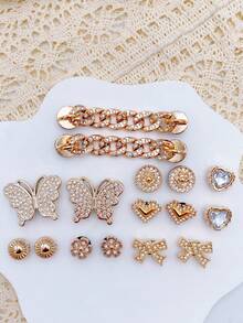 16pcs Fashion Versatile Bowknot, Heart, Butterfly, Rhinestone Chain Shoe Clips, Detachable DIY Decorations, Multifunctional Accessories For Women Sandals, Slippers, Beach Bags, Suitable For Holidays And Birthday Party Gifts - Gold - View 7