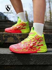 New Men's Breathable Casual Sneakers, Printed Soft Sole Driving Shoes, Non-Slip Soft Sole Casual Walking Shoes, Fashion Letter Print Casual Shoes, Daily Commute Versatile Shoes, Breathable Slip-On, Contrast Color Soft Sole Shoes, Outdoor Sports Basketball Shoes, Suitable For All Seasons - Red and Yellow 739 - View 6