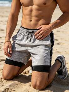 New Men's 2-In-1 Breathable Floral Quick-Dry Sports Shorts - Beige - View 2
