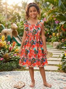 Girls Dress, Bohemian Style Girls Summer Dress, Tropical Floral Print, Square Neckline, Flutter Sleeves, Waist Cinched, Cutout Back, Bow Decor, Suitable For 8-12 Years Old, Vacation, Party, Beach - Red - View 4