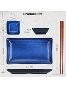 Sushi Serving Tray Sets 2, 6 Pieces Japanese Style Porcelain Sushi Plate Set With Soy Sauce Dishes, Chopsticks Housewarming Blue - View 3