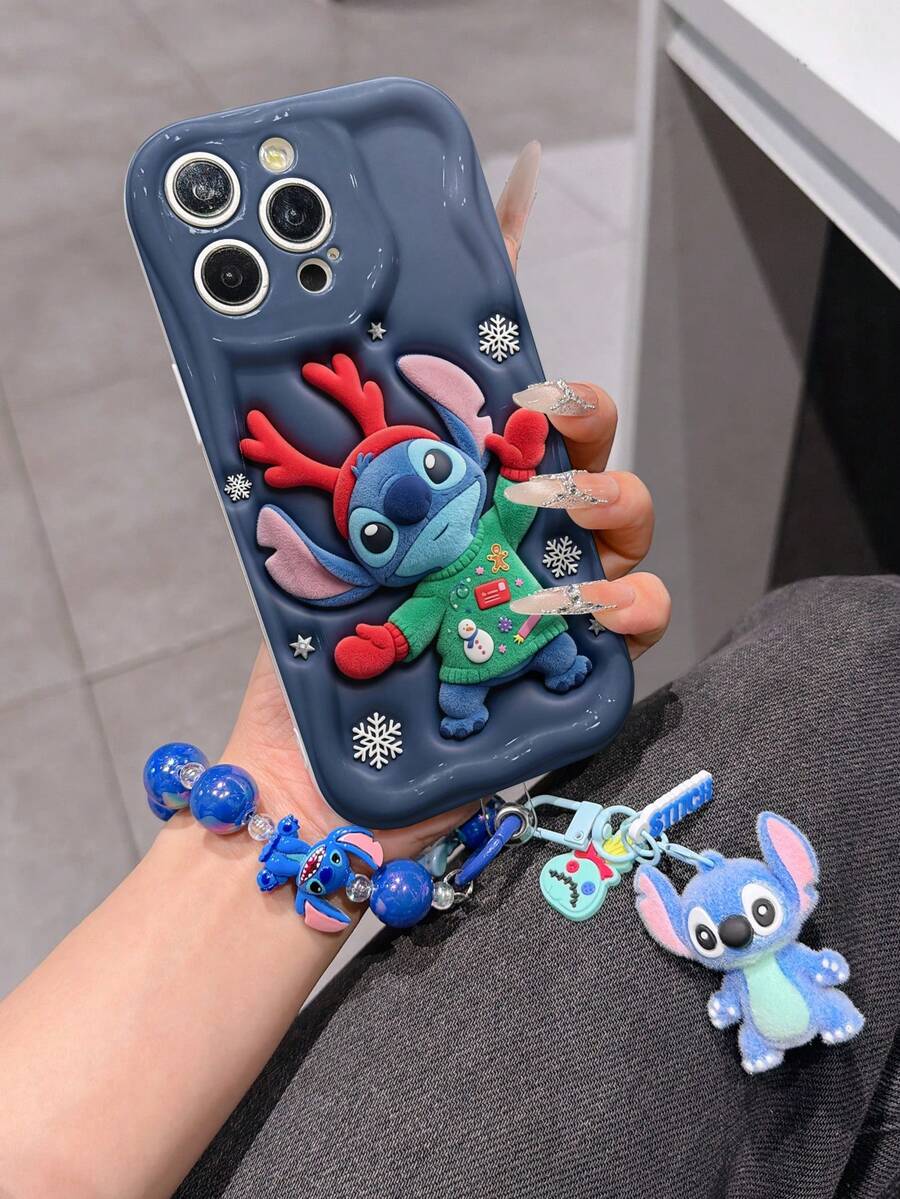 Disney Has Authorized, Phone Case - Chain Set, The Stitch Lilo & Stitch 3D Phone Case Plus A Silicone 3D Stitch Bracelet With Metallic Ring Removable Bracelet, Stitch And Angel Pattern, Compatible With Iphone17/16/15/14/13/12/11/XS/XR/X Plus Pro Max, A Stylish Cartoon Phone Case, The Perfect Gift Choice, Phone Protection, Durable Phone Cover, Great Gift For Friends And Family. - 白色 - 查看 1