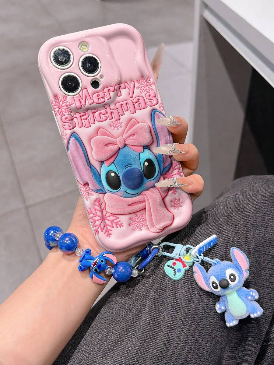 Disney Has Authorized, Phone Case - Chain Set, The Stitch Lilo & Stitch 3D Phone Case Plus A Silicone 3D Stitch Bracelet With Metallic Ring Removable Bracelet, Stitch And Angel Pattern, Compatible With Iphone17/16/15/14/13/12/11/XS/XR/X Plus Pro Max, A Stylish Cartoon Phone Case, The Perfect Gift Choice, Phone Protection, Durable Phone Cover, Great Gift For Friends And Family. - trắng - Xem 1