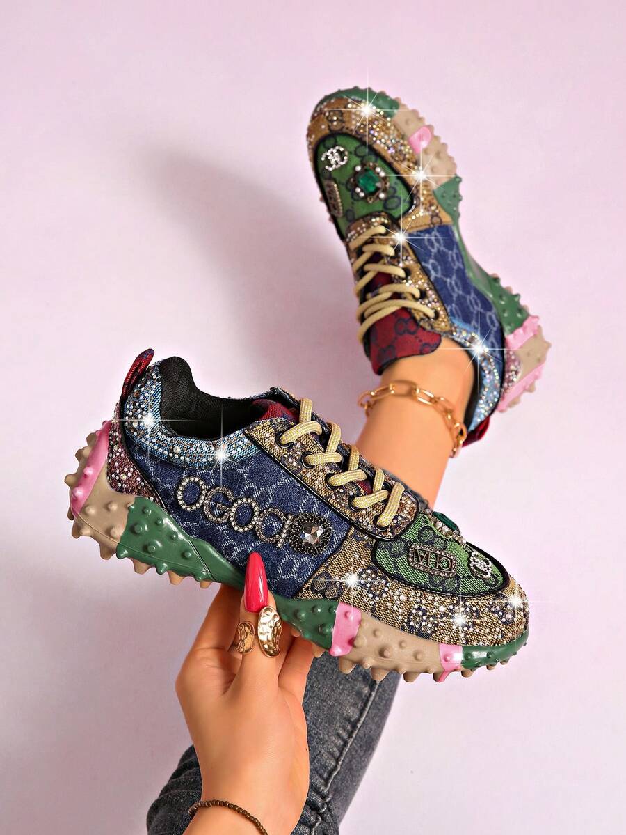 LiangJingJing Women's Round Toe Platform Sneakers With Multicolor Patchwork, Jeweled Accents, Lace-Up Closure And Textured Chunky Outsole - Green - View 1