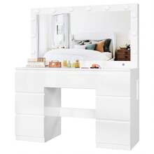 Devoko Dressing Table In Matte White With LED Cosmetic Mirror, Vanity Table Without Stool With 12 LED Lamps, Power Outlets, USB & Type-C, Jewelry Storage And 7 Drawers - 查看 4