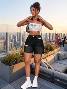Vintage Street Style Denim Shorts - Black Washed High-Waisted Distressed Straight Leg Frayed Hem Shorts Casual Summer - Black - View 3
