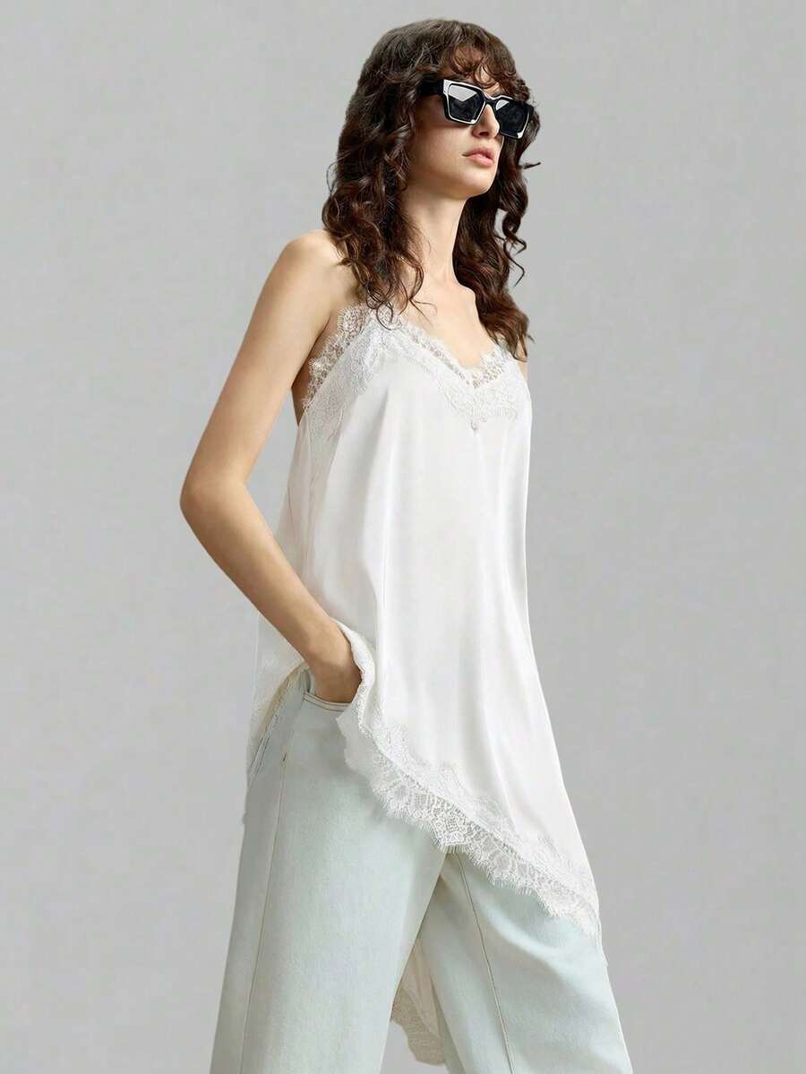 Ontre Blusa larga de satén negro con encaje, de tela elástica y cómoda, con dobladillo asimétrico y tirantes de espagueti.Atuendo casual y elegante para oficina, invitados de boda, fiestas navideñas y de Año Nuevo - Blanco - Ver 1