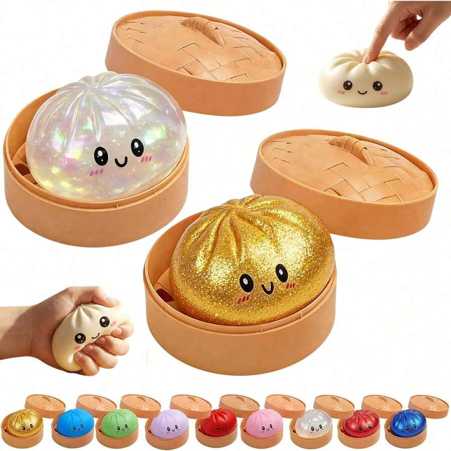 4 Pack Dumpling Squishies,Glitter Dumpling Squishy ,Anxiety Relief Fidget, Soft Squeeze Decompression Dough Squishy Toys(4pcs Dumpling+Steamer Box4) - 1 Glitter Dumpling + Steamer Box 1 (Gold) - View 1