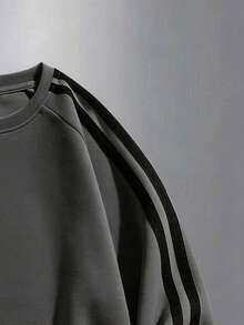 Teen Boys Spring/Autumn Minimalist Fashion Colorblock Arm Double Stripe Accent Ribbed Cuffs Hem Outdoor Casual Crew Neck Sweatshirt - Dark Grey - View 4